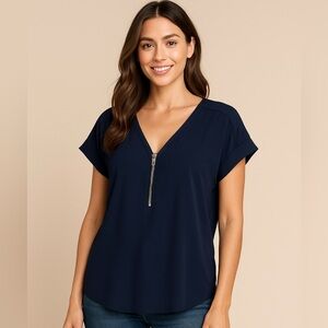 👚 7th Avenue Solid Zip-Front Short Sleeve Blouse - Navy Blue, Size Large 🌟